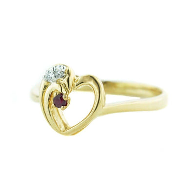 july birthstone, ruby, ruby ring, july birthstone, 14k gold, heart ring, white sapphire, yellow gold, quinceanera, september birthstone, sapphire, mothers day, fine jewelry, gems and jewels for less, jewelsforless