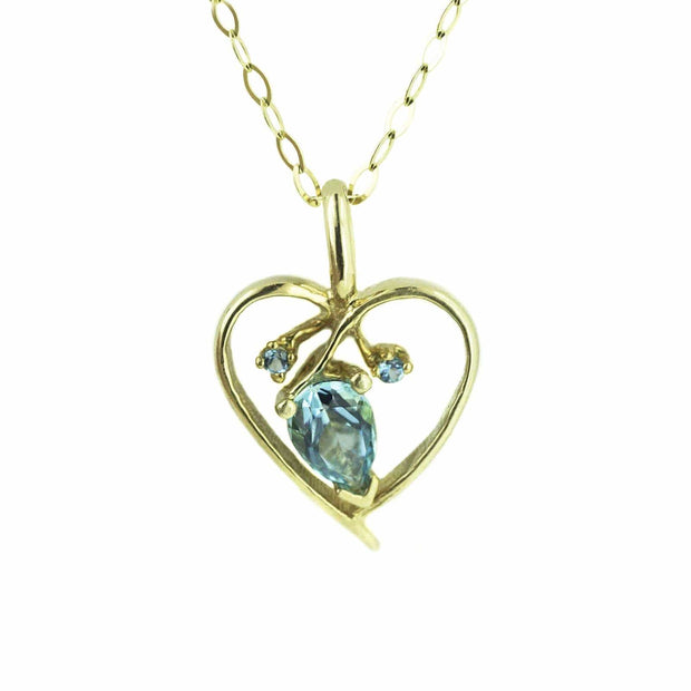 blueblue topaz necklace, blue topaz heart necklace, blue topaz charm, heart necklace, heart charm, gold heart necklace, gems and jewels