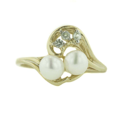 pearl, pearl cluster, pearl duo, white sapphire, pearl and white sapphire, sapphire, 14k gold, yellow gold, mothers day, best price, gems and jewels for less, jewelsforless, solid gold, pearls, freshwater pearls, pearl ring gold
