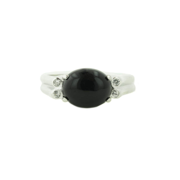 black onyx, women's ring, black onyx women's ring, white sapphires, white gold, women's white gold ring, burnish setting, tailored design, mothers day, alternative engagement ring, gems and jewels for less, jewelsforless, gjfl