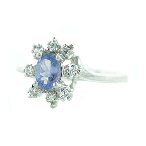 women's ring, halo ring, white sapphire, tanzanite, tanzanite ring, white gold tanzanite ring, solid gold, mothers day, best price, fine jewelry, gems and jewels for less, jewelsforless