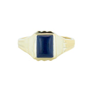 mens gold pinky ring with an emerald cut blue lapis stone in a bezel setting, cool rings for boy with a blue lapis gemstone 