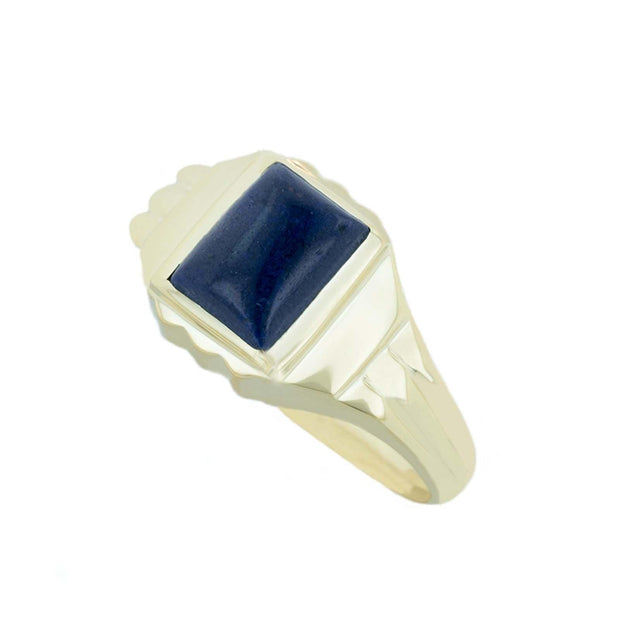 mens gold pinky ring with an emerald cut blue lapis stone in a bezel setting, cool rings for boy with a blue lapis gemstone