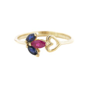 Ruby ring, sapphire ring, ruby and sapphire ring, heart ring, yellow gold, mothers day, best price, fine jewelry, gems and jewels for less, solid gold rings