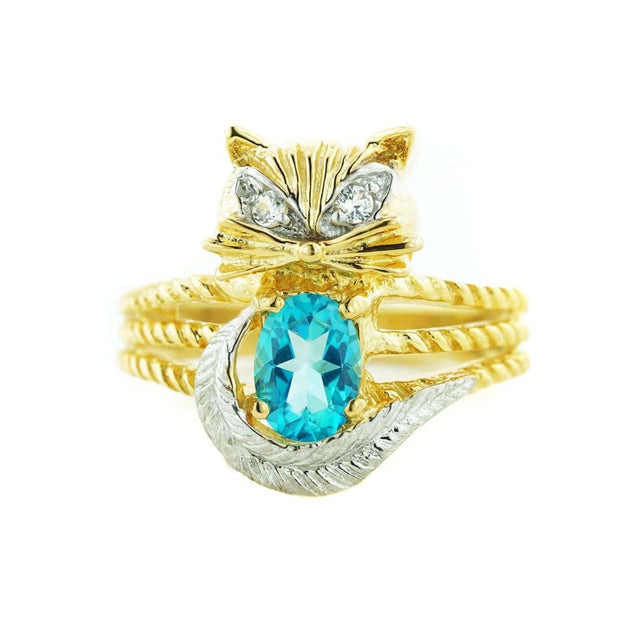 Cat ring, women's ring, cat lovers, woman ring, silver ring, gold over silver ring, blue topaz, blue topaz ring, december birthstone, women's ring, unique rings, animal rings, mothers day, designer rings, gems and jewels for less