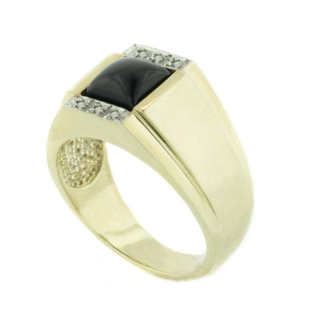 black onyx ring, men's black onyx ring, statement ring, heavy ring, silver ring, gold over silver, gems and jewels for less, jewelsforless, GJFL, diamond and black onyx ring