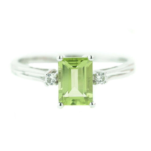 peridot, august birthstone, green, emerald cut, alternative engagement ring, white gold, women's peridot ring, peridot rings, peridot gemstone, zales, kay, fine jewelry, white gold, solid gold, best price, wholesale jewelry, rings, mothers day, gems and jewels for less